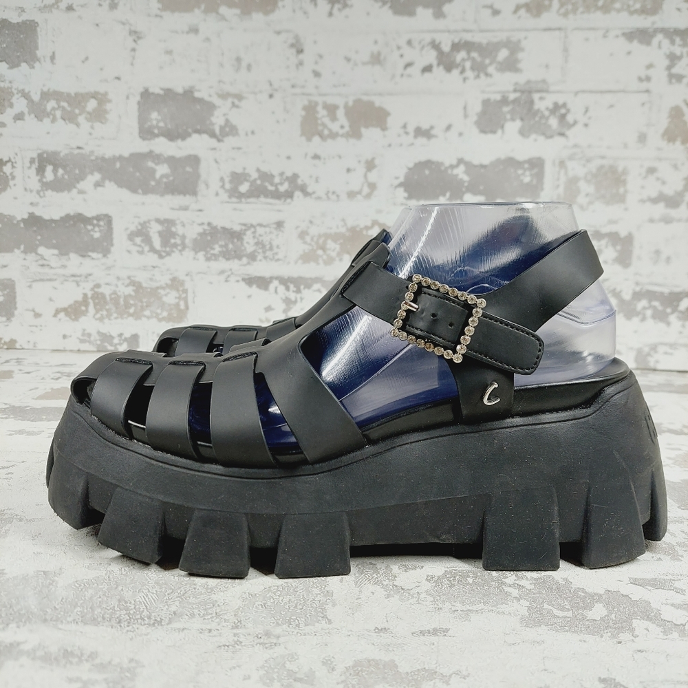 Sam Edelman Black Platform Fisherman Sandals with Crystal Buckle